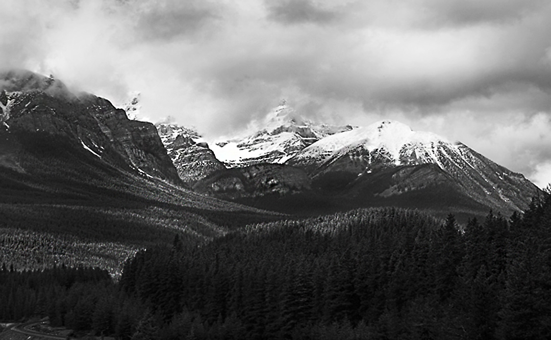 hidden in clouds: mt temple near lake louise